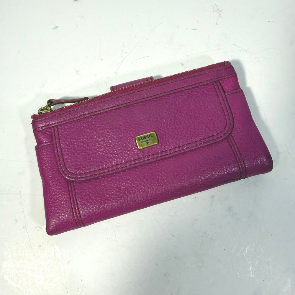 Fossil Coral Pink Pebbled Leather Zip Wallet Y2K Classic Fuschia